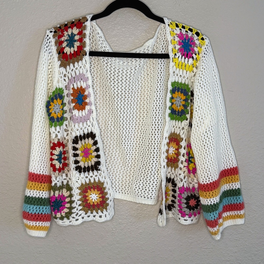Boho Cottage Country Retro Crochet Granny Square Cardigan White Multicolor Large